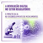 Imagem com microscópio e moléculas na cor roxa